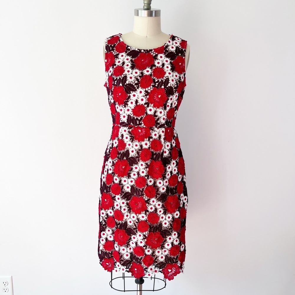 Liza Luxe Floral Guipure Lace Sheath‎ Dress Red White Sleeveless Crochet Medium